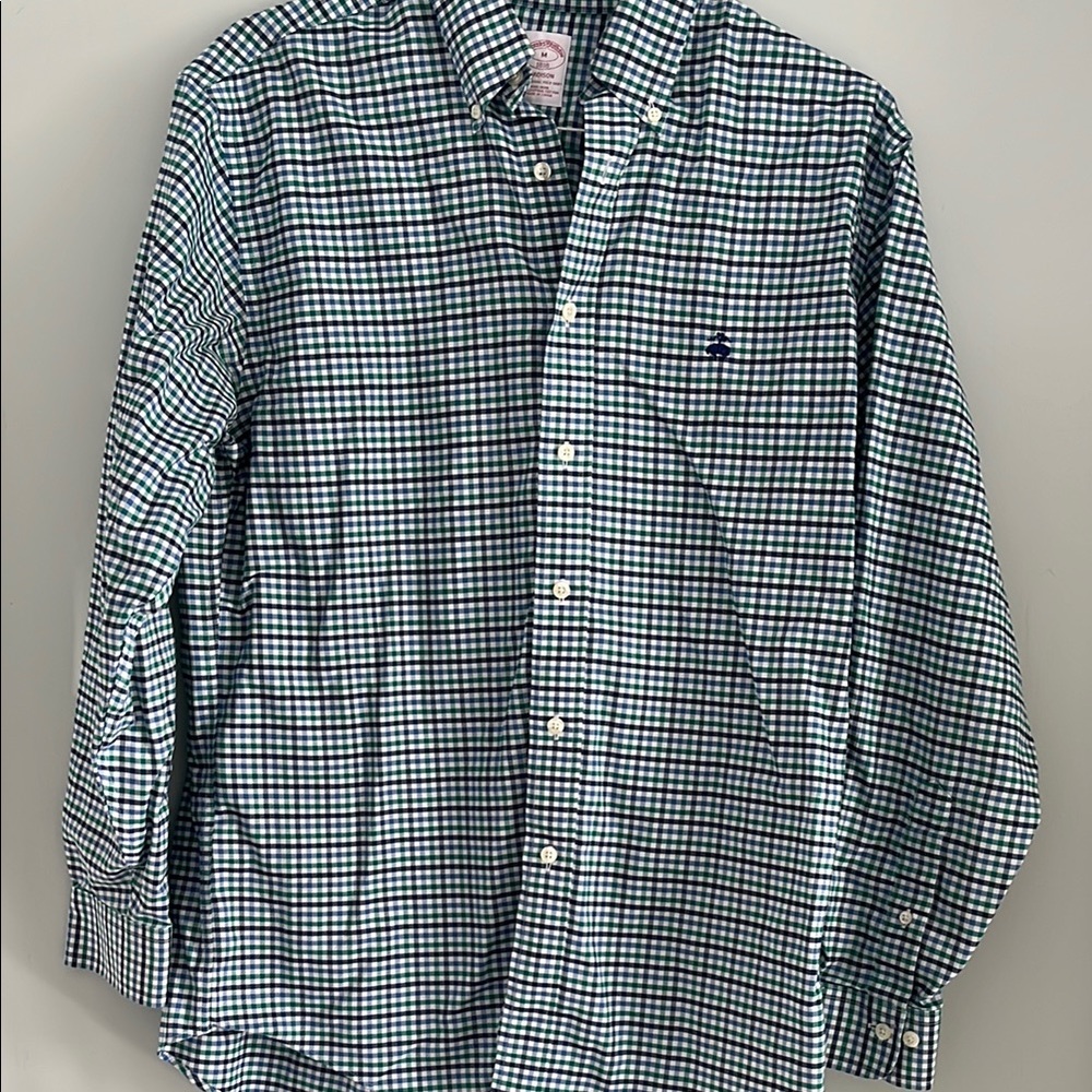 Brooks Brothers Green/Blue Casual Button Down Shirt with Plaid Pattern.